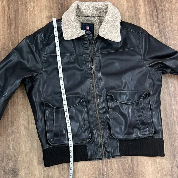 Chaps Bomber Aviator Faux LeatherJacket Detachable Curly Shearling Collar Sz L - Picture 8 of 10